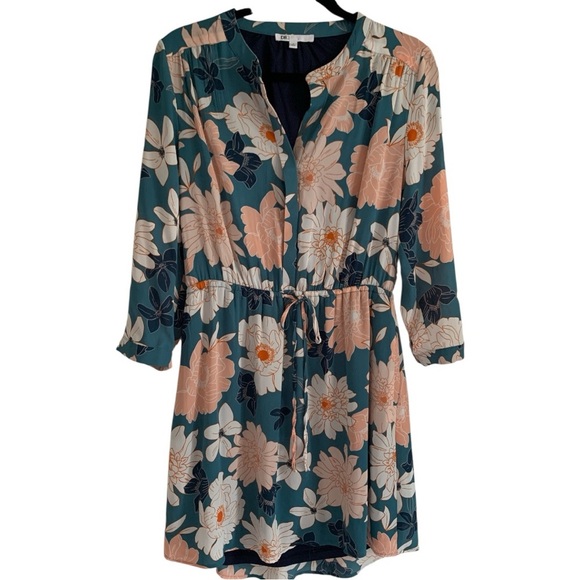 DR2 Nordstrom Rack Women’s Aqua Blue Floral Dress Drawstring Waist with Pockets - Picture 2 of 9